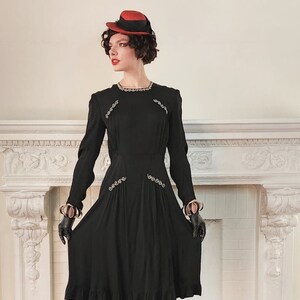 Vintage 40s Black Rayon Cocktail Dress with Cream Embroidery Medium image 5