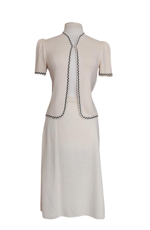 St. John, Vintage 1980s St. John Suit Jacket Cardigan Sweater + Skirt Set Cream Knit Marshall Fields