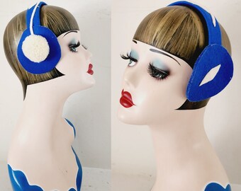 Vintage 40s Earmuffs for Girl Blue White Felt