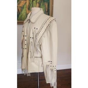 Vintage 80s White Leather Jacket SUNRIDERS Fringe, Studs & Bone Beads XXL image 10