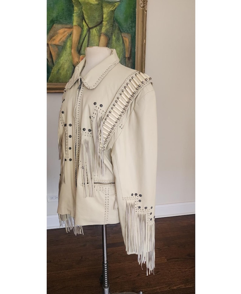 Vintage 80s White Leather Jacket SUNRIDERS Fringe, Studs & Bone Beads XXL image 10