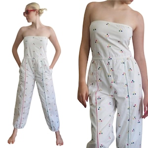 Vintage 1980s Jumpsuit White Cotton Polkadot Print  Patti Cappalli / S to M
