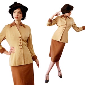 Vintage 40s Skirt Suit Beige Tan Gabardine Wool Large Collar image 1