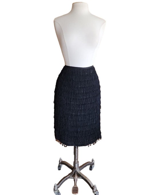 Y2K Black Fringed Skirt Knee Length Trina Turk