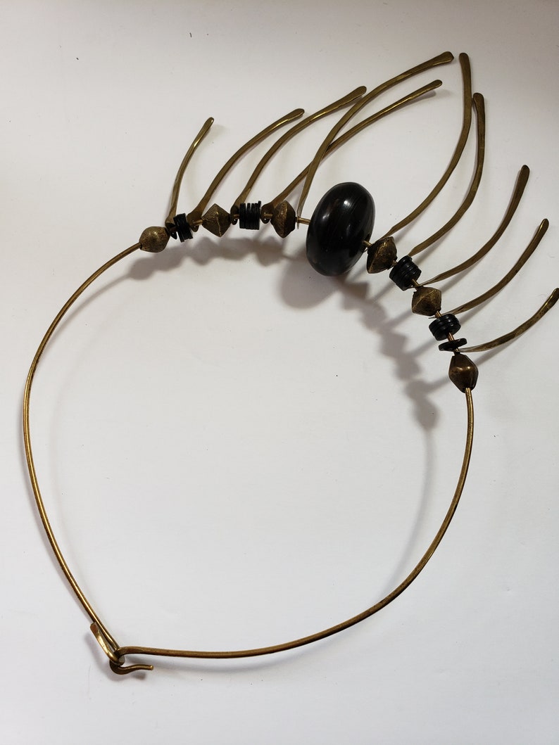 1970s Choker Necklace 70s Boho Necklace in brass and wood Tribal Ethnic Festival