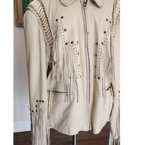 Vintage 80s White Leather Jacket SUNRIDERS Fringe, Studs & Bone Beads XXL image 7