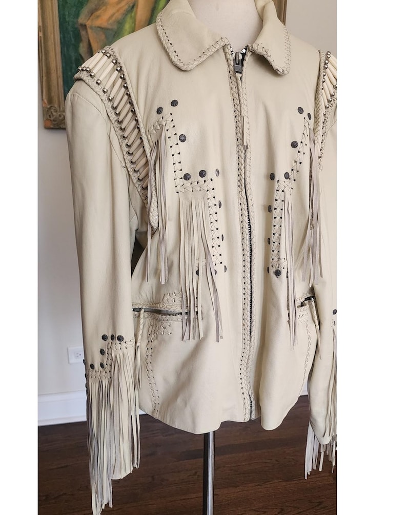 Vintage 80s White Leather Jacket SUNRIDERS Fringe, Studs & Bone Beads XXL image 7