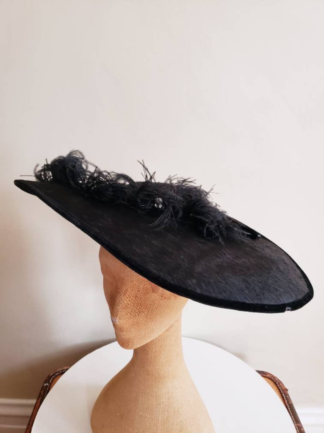 50s Black Velvet Saucer Hat with Feathers / 1950s Large Tilt Etsy