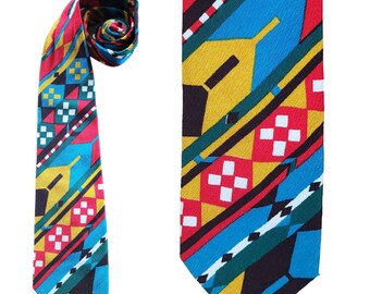 Vintage 60s Mens Tie Colorful Barkcloth MCM Print Geometric