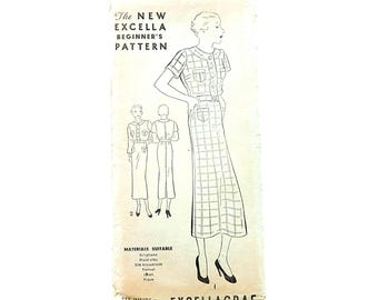 Vintage 1930s Sewing Pattern ORIGINAL: Button Front Dress Excella Pattern 4889 Bust 36