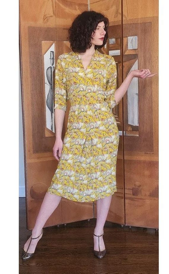 Vintage 40s Yellow Rayon Novelty Print Midi Dress… - image 6