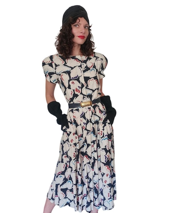 Krizia, Vintage 1980s Krizia Dress Silk Abstract Print Puff Sleeves Open Back Midi IT 40