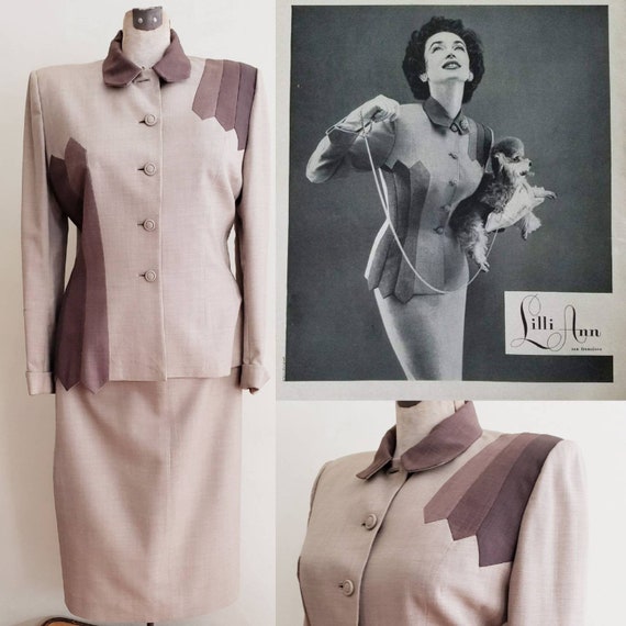 1950s Lilli Ann Suit Sharkskin Wool Beige Brown /