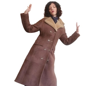 Vintage 70s Shearling Coat Brown Suede Long Parka Double Breasted