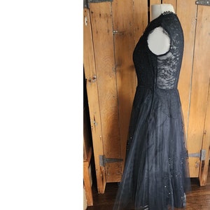 Vintage 50s Black Party Dress Tulle Lace Rhinestones M image 4