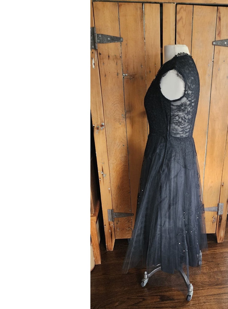 Vintage 50s Black Party Dress Tulle Lace Rhinestones M image 4