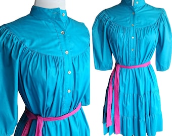Vintage 80s Blue Day Dress Puffed Sleeves Pink Belt Betsy's Things