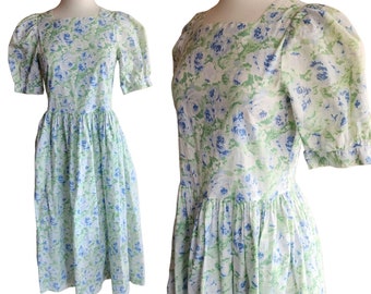 Vintage 80s Laura Ashley Floral Print Dress Blue Green White Cotton