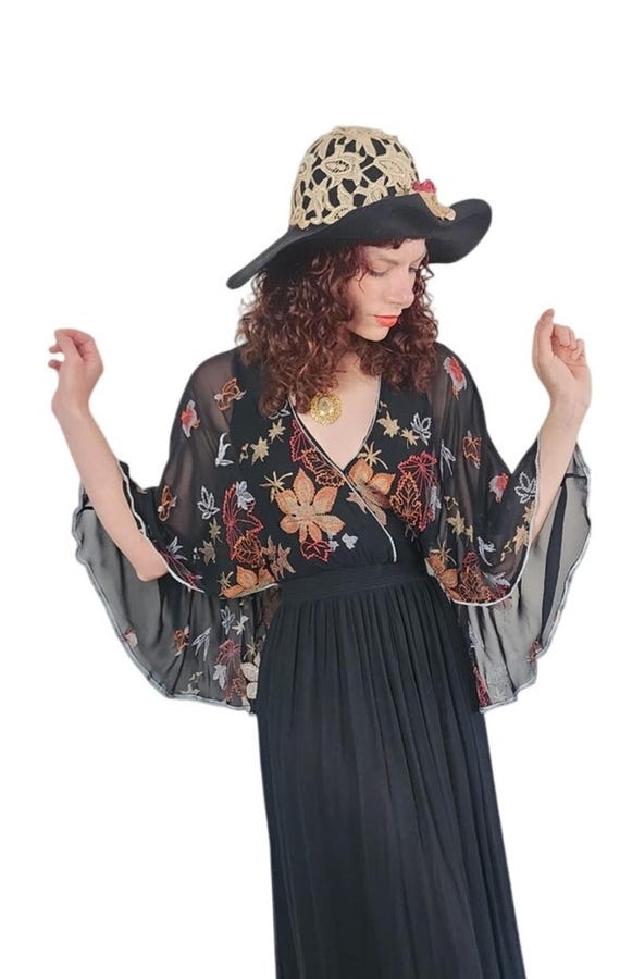 Vintage 70s Janice Wainwright Maxi Dress Embroidered Butterfly Sleeves Capelet