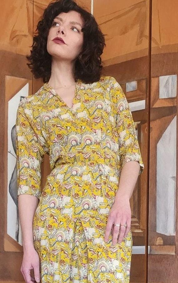 Vintage 40s Yellow Rayon Novelty Print Midi Dress… - image 8