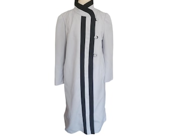 Vintage 80s Alorna Spring Coat Gray w/Black Art Deco Style Trim / XL
