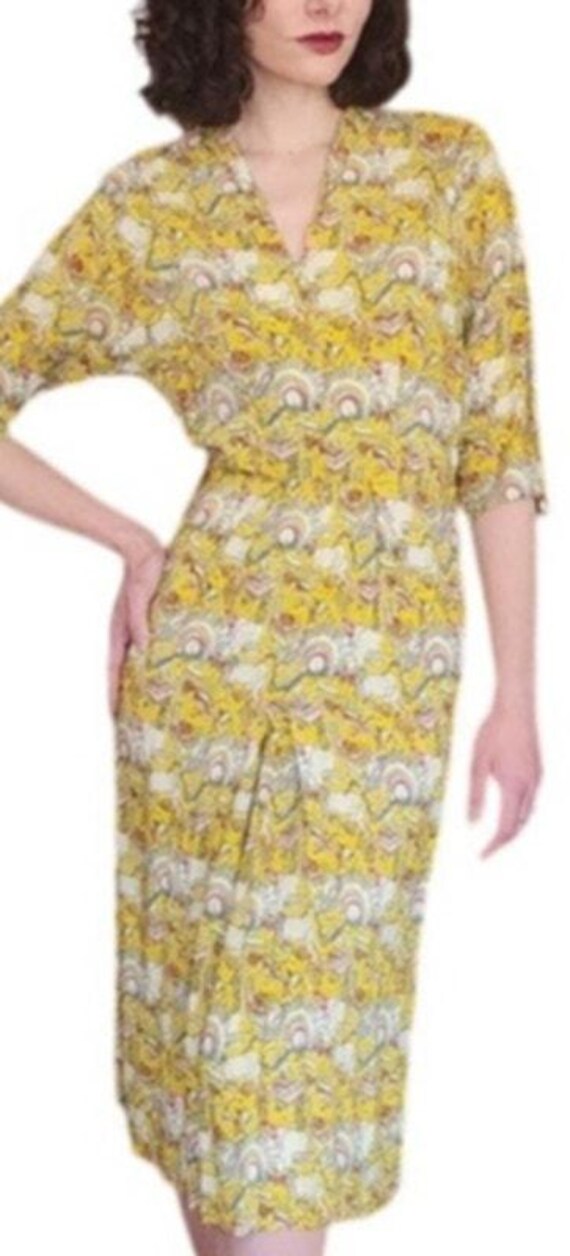 Vintage 40s Yellow Rayon Novelty Print Midi Dress… - image 4