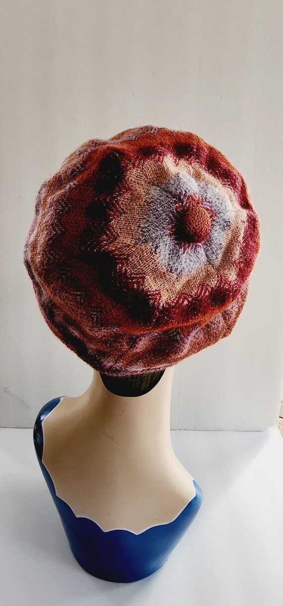 Vintage 70s Knit Beret Hat in Pink Mauve Beige, H… - image 9