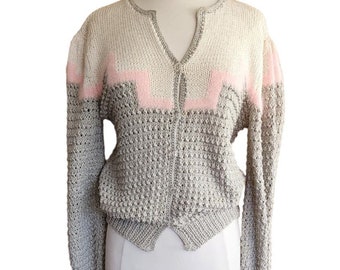 Vintage 80s Sweater Gray Pink Handknit Cardigan Acrylic Angora by Signatures