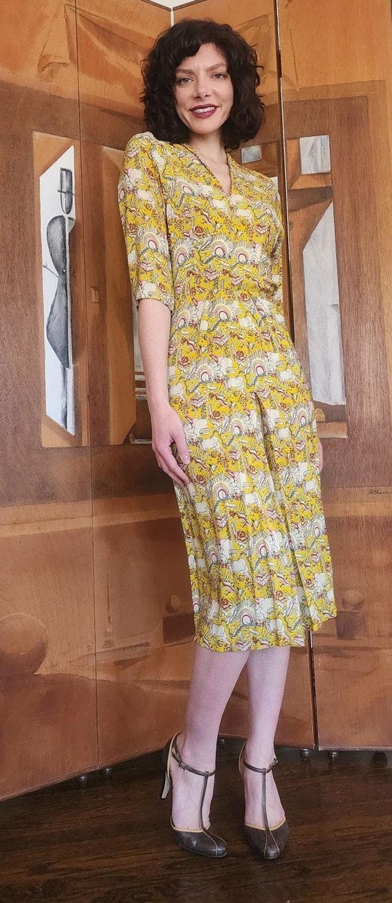 Vintage 40s Yellow Rayon Novelty Print Midi Dress… - image 10