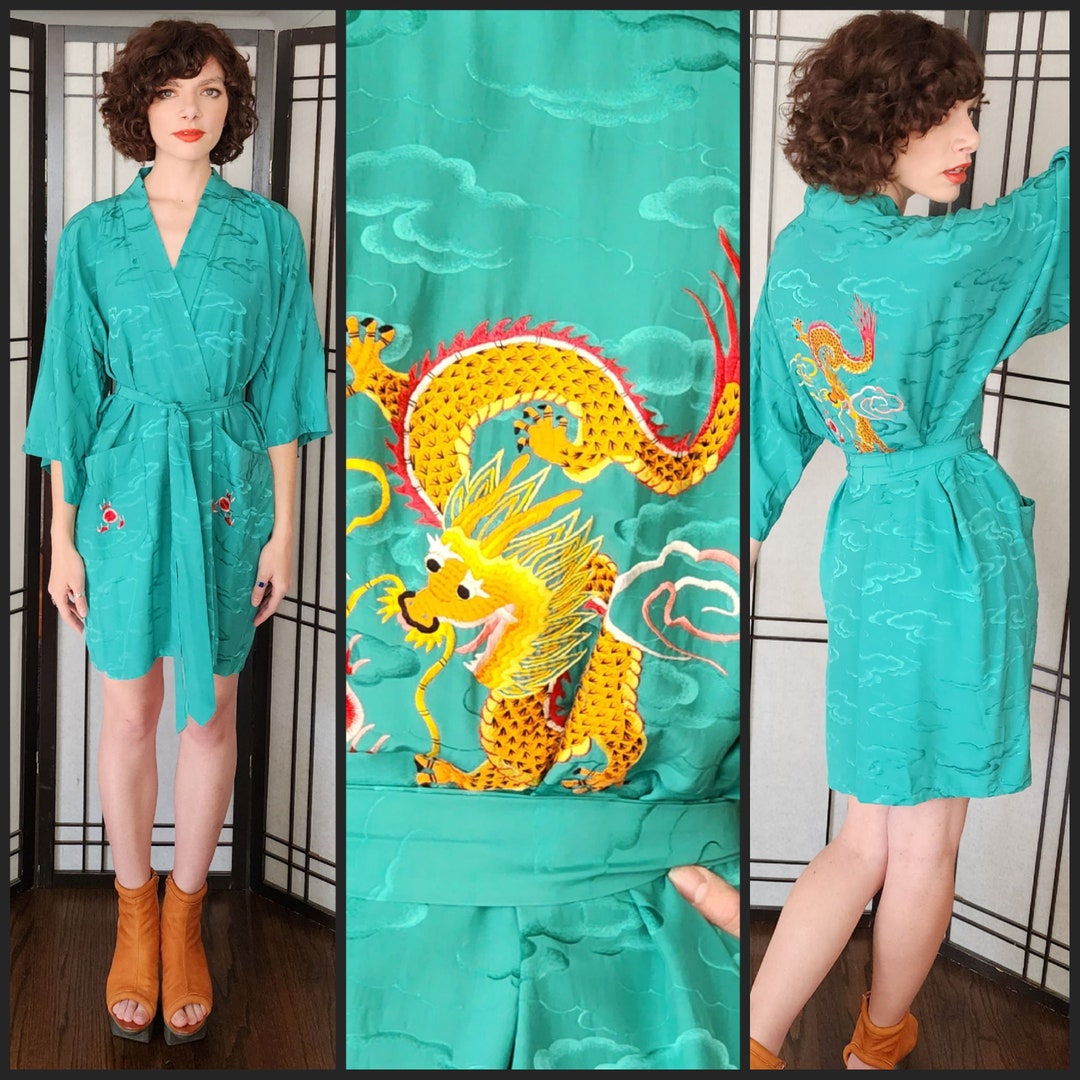 60s Chinese Green Silk Robe Dragon Embroidered Longevity Etsy