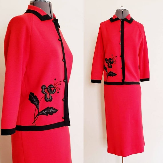 1960s Dimonelli Red Knit Wool Skirt Suit Embroider