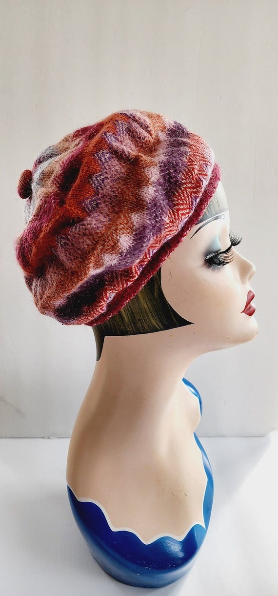 Vintage 70s Knit Beret Hat in Pink Mauve Beige, H… - image 8