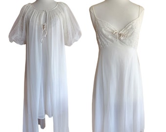 Vintage 50s Peignoir White Nylon Robe + Slip Dress Vanity Fair