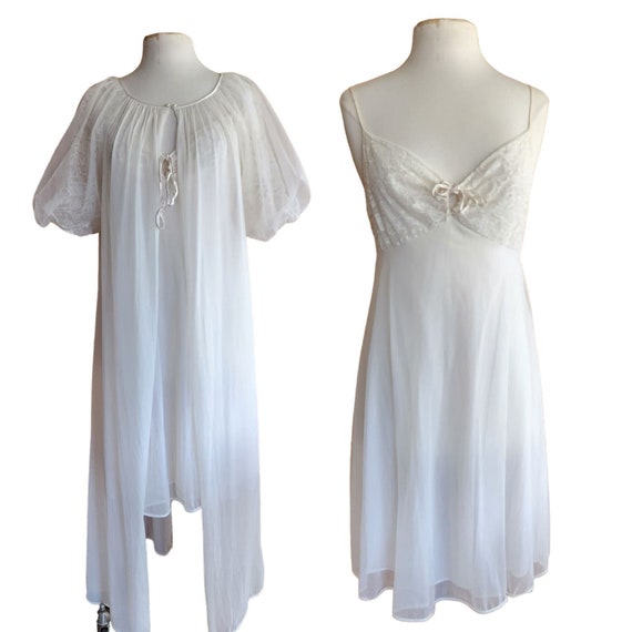 Vintage 50s Peignoir White Nylon Robe + Slip Dres… - image 1