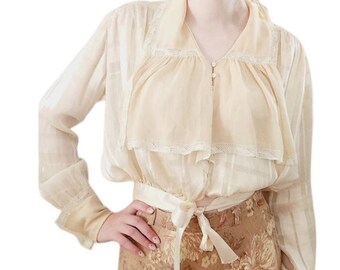 Edwardian Beige Silk Blouse Check Pattern Long Sleeve Waist Sash