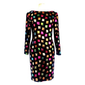Robe pailletée vintage des années 1980 Patchwork coloré en velours noir / S