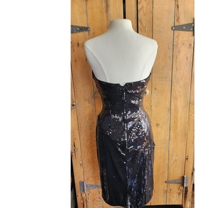Vintage 80s Tadashi Strapless Dress Black Sequins Ruched Waist image 9