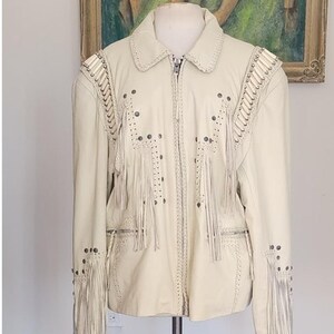 Vintage 80s White Leather Jacket SUNRIDERS Fringe, Studs & Bone Beads XXL image 6