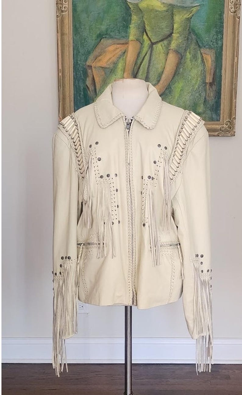 Vintage 80s White Leather Jacket SUNRIDERS Fringe, Studs & Bone Beads XXL image 6