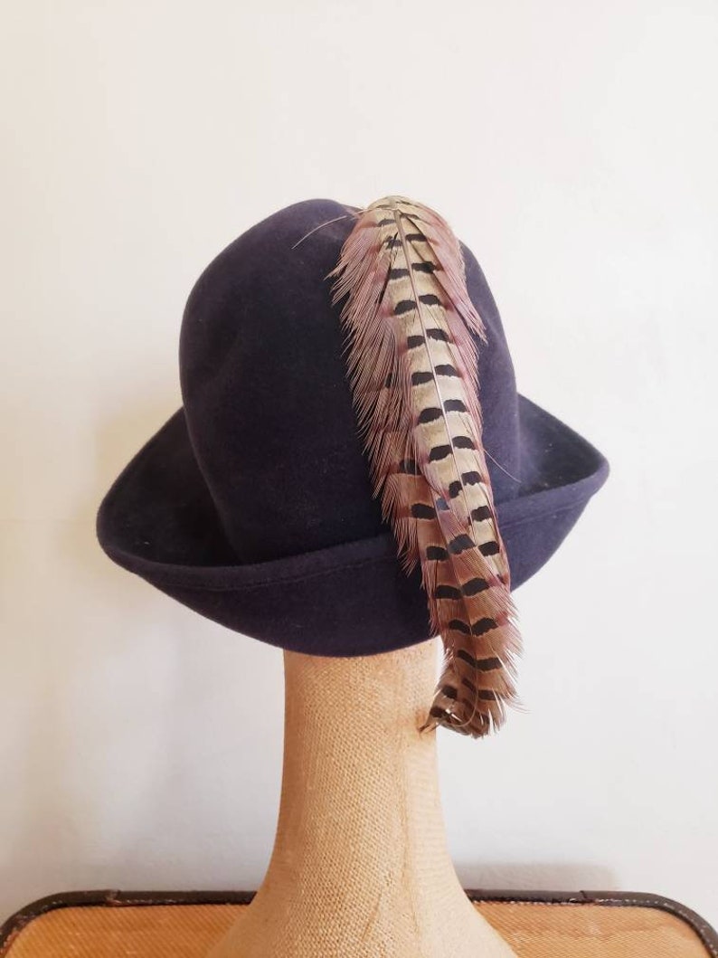 1970s Fedora Navy Blue Wool Large Brown Feather 70s Boho Style Wide Brimmed Hat Marshall Field Candace