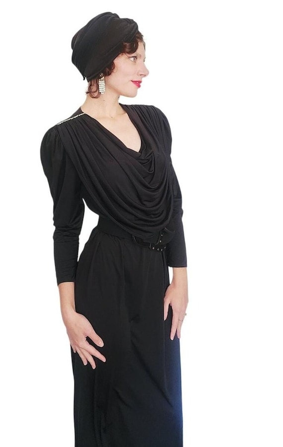 Oscar de la Renta, Vintage 1980s Oscar de la Renta Evening Dress Black Liquid Jersey Rhinestones Cowl Neck M