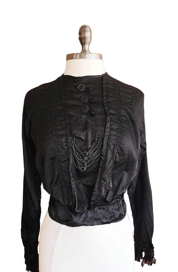 Edwardian Black Blouse Long Sleeve Embroidered Sma
