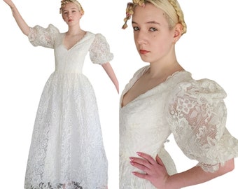 Vintage 80s White Lace Wedding Dress Statement Sleeves