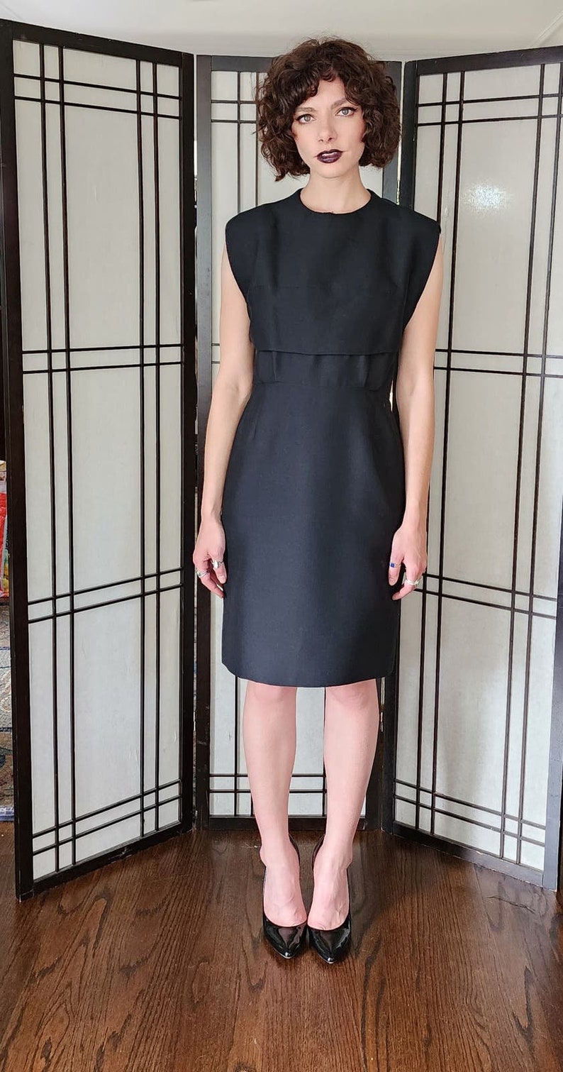 Vintage 60s Black Sleeveless Party Dress Tailored Wool Mod image 2