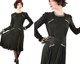 Vintage 40s Black Rayon Cocktail Dress with Cream Embroidery Medium