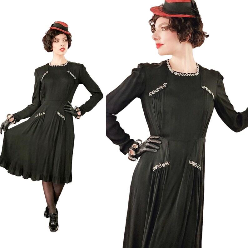 Vintage 40s Black Rayon Cocktail Dress with Cream Embroidery Medium image 1