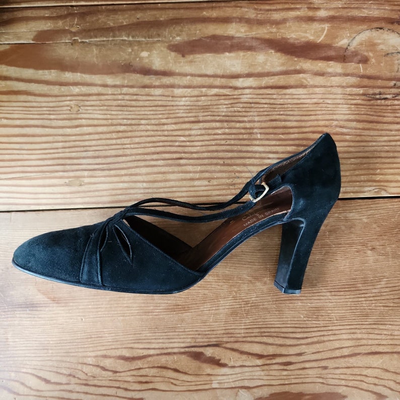Vintage jaren '50 zwarte schoenen T-bandjes hoge hakken Joyce California maat 11 afbeelding 4