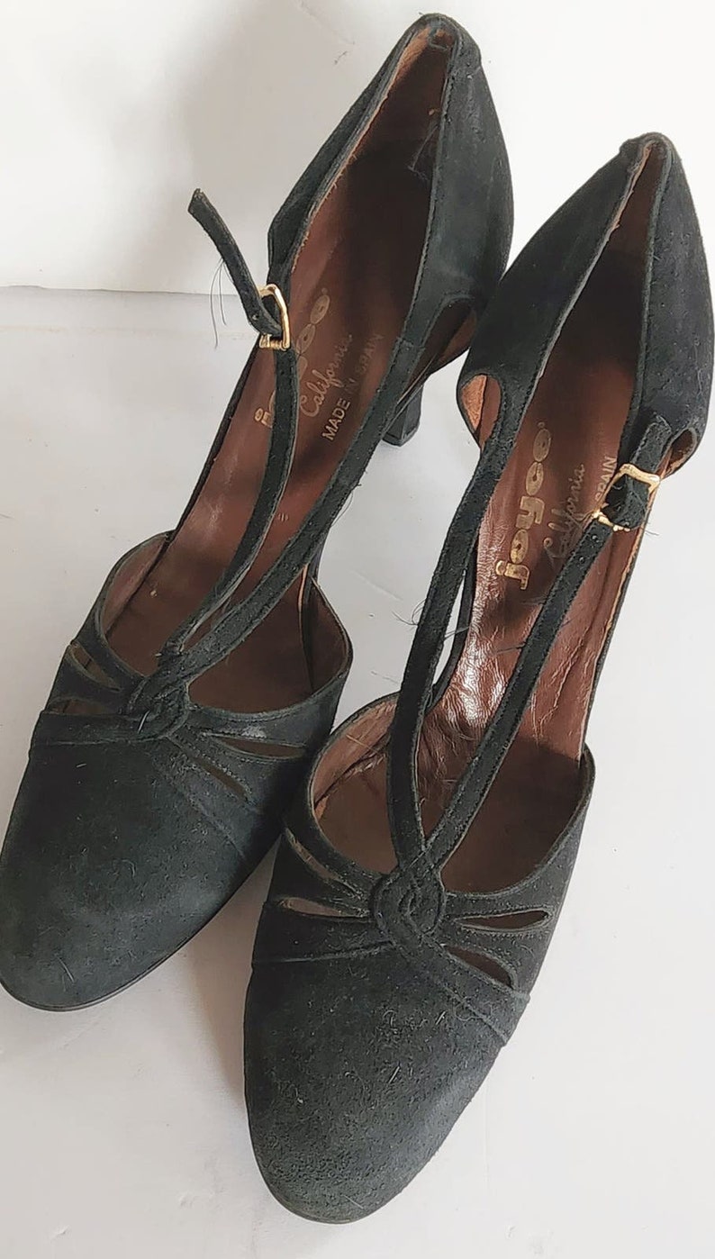 Vintage jaren '50 zwarte schoenen T-bandjes hoge hakken Joyce California maat 11 afbeelding 5