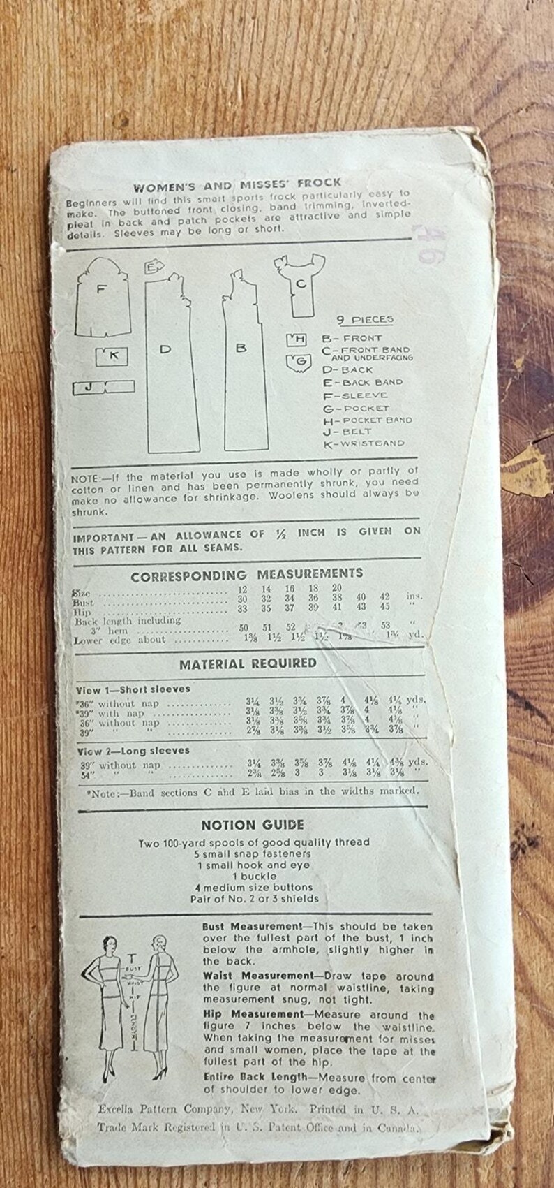 Vintage 30s Sewing Pattern ORIGINAL: Button Front Dress Excella Pattern ...