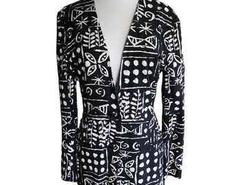 Vintage 80s Blazer Black White Bold Graphic Print Raw Silk